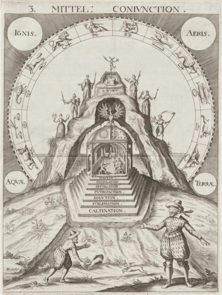 Dokumen resmi ajaran Kabbalah Rosicrucian dalam Mirror of Art and Nature: in Alchemy tahun 1615 oleh Steffan Michelspacher, terlihat para inisiat Rosicrucian mengejar kelinci yang berlari ke arah dunia bawah tanah