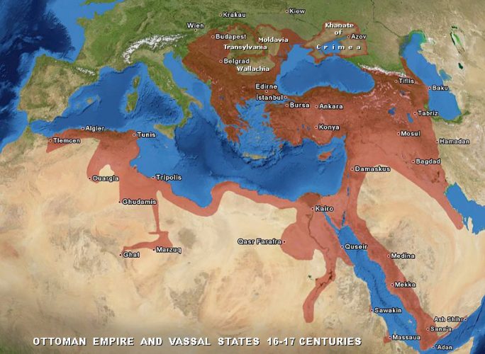 Area yang berwarna merah adalah wilayah kekuasaan Kesultaan Ottoman abad 16-17
